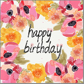 Small Cards (Pack of 10) - Happy Birthday Blooms Pink and Orange