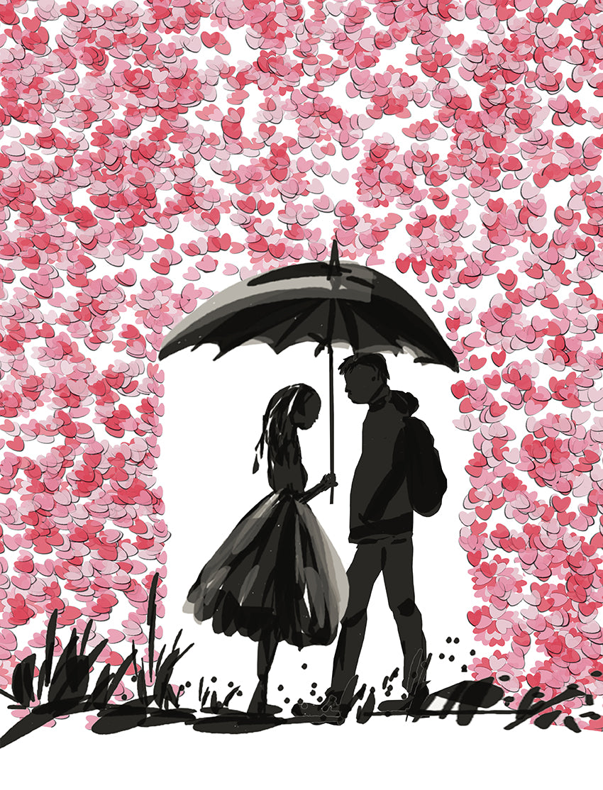 Print Heart Confetti Girl and Boy in Rain