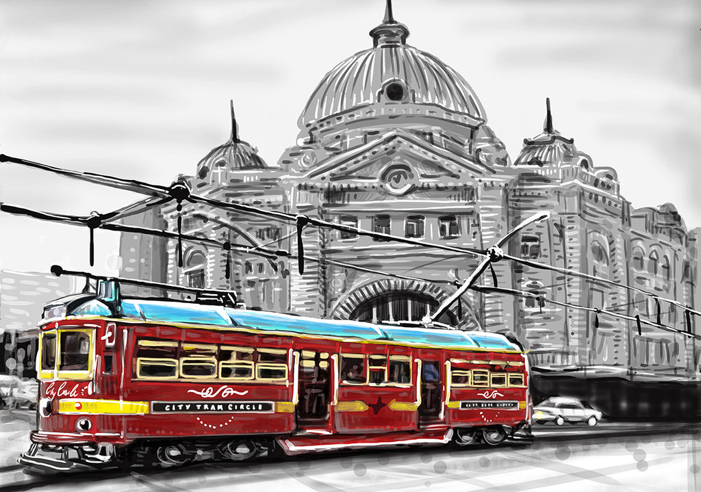 Print (Iconic) - Melbourne Flinders st Station with Red Tram