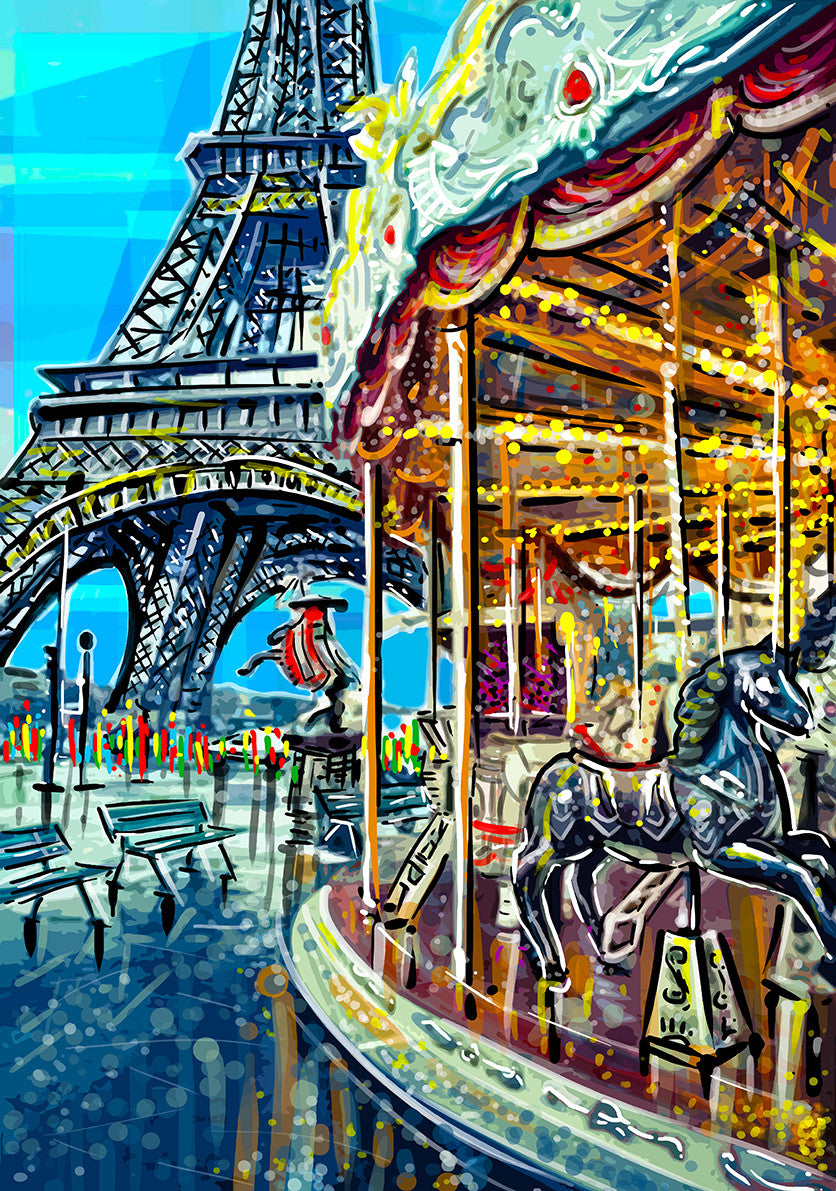 Print (Iconic) Wanderlust  Paris Eiffel Tower and Carousel