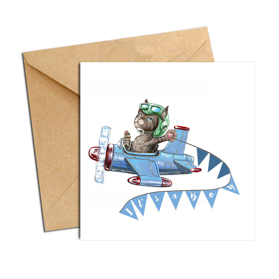 Card - Baby Boy Cat in Plane