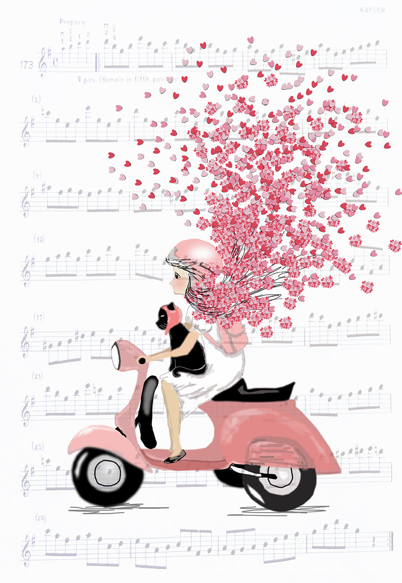 Print Heart Confetti Girl on Moped