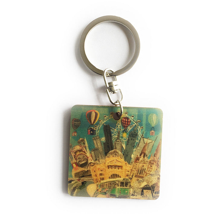 Keyring - Timber keyring with Melbourne Icons print